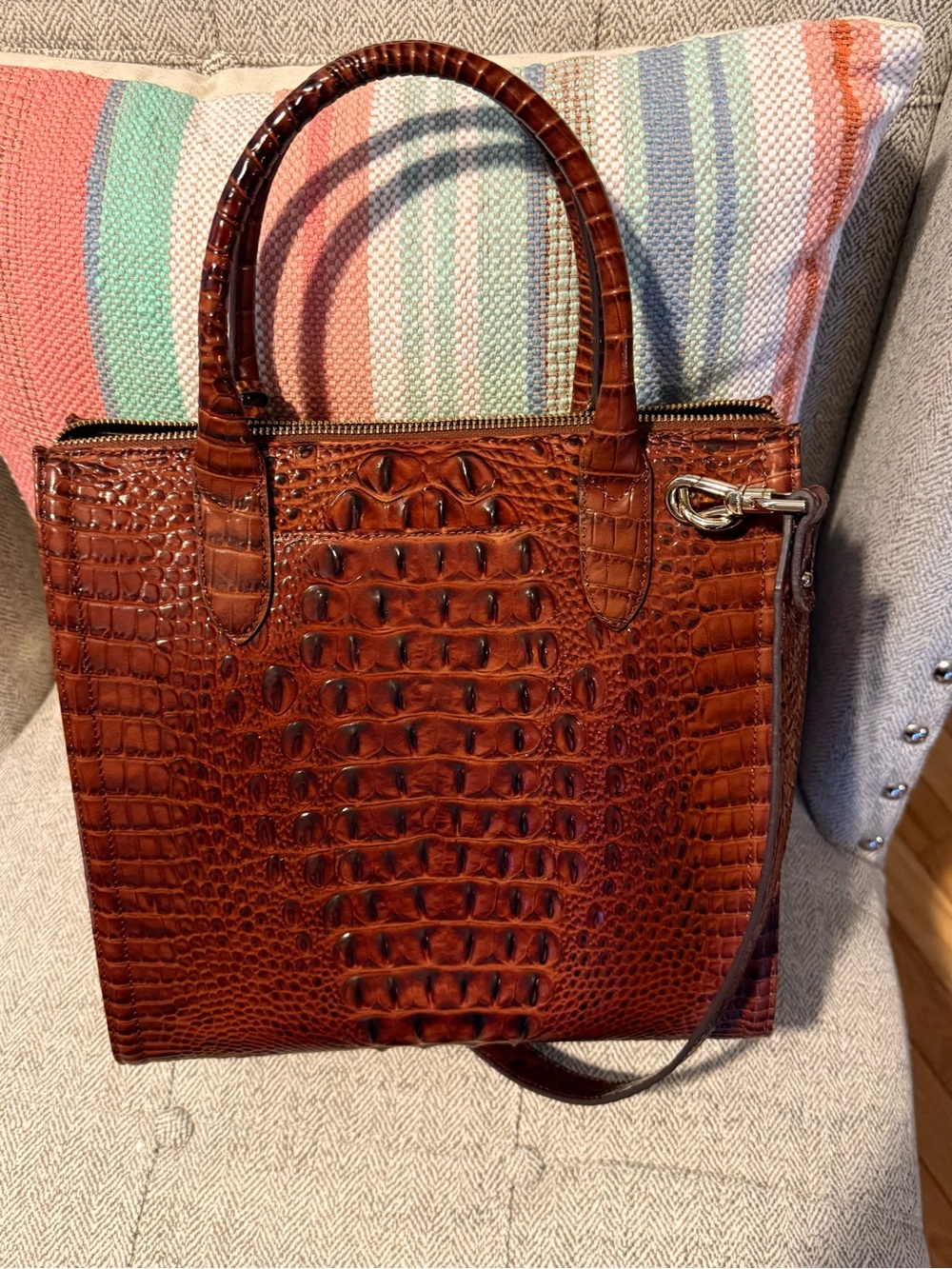 Brahmin Croc-Embossed Chestnut Brown Satchel with Gold Hardware - Picture 5 of 5